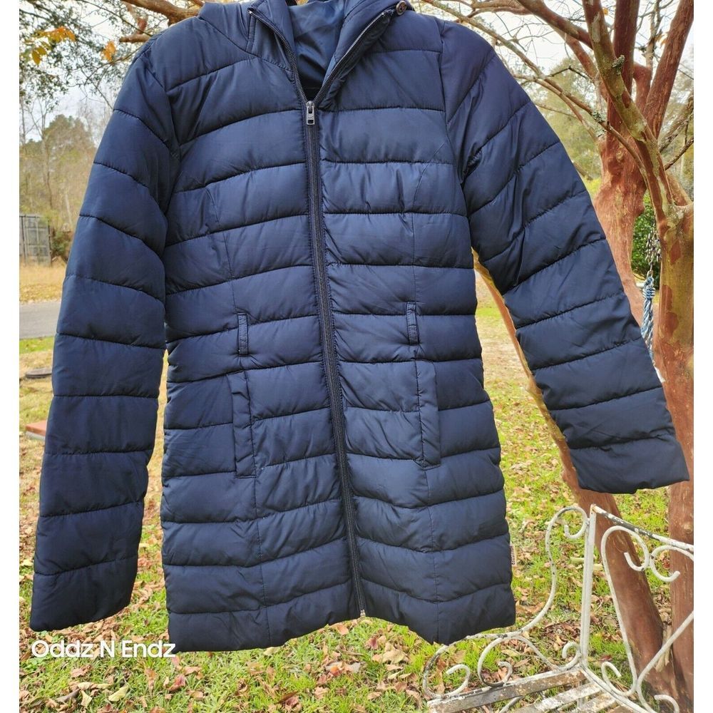 Hollister Womens Puffer Jacket Medium Hooded Quilted‎ Coat With Zip Closure Navy